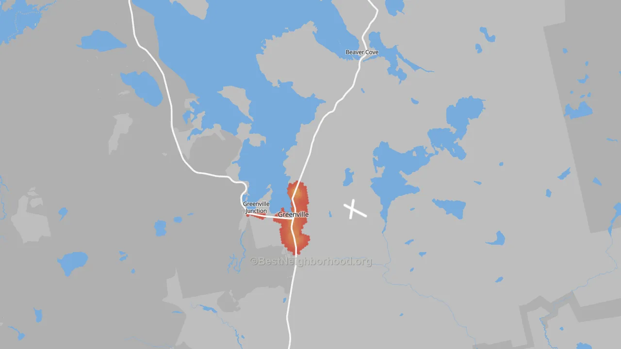 Walk Grade map of 04441, ME, walkable areas in green and car-dependent areas in red
