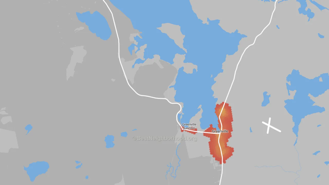 Walk Grade map of 04442, ME, walkable areas in green and car-dependent areas in red