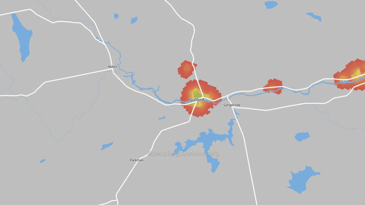 Walk Grade map of 04443, ME, walkable areas in green and car-dependent areas in red