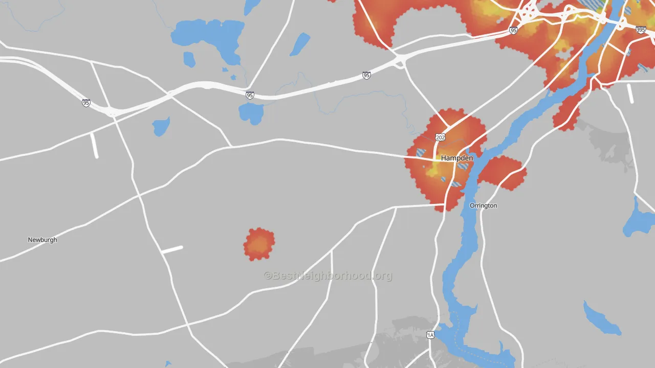 Walk Grade map of 04444, ME, walkable areas in green and car-dependent areas in red