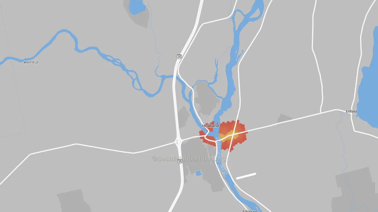 Walk Grade map of 04448, ME, walkable areas in green and car-dependent areas in red