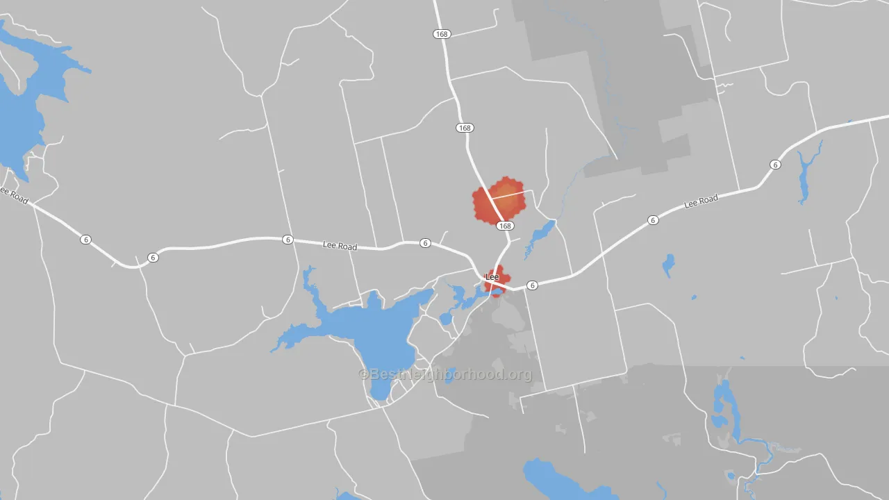 Walk Grade map of 04455, ME, walkable areas in green and car-dependent areas in red
