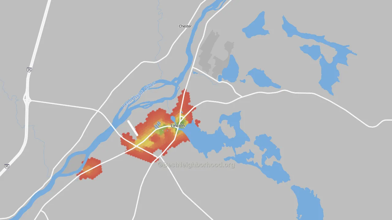 Walk Grade map of 04457, ME, walkable areas in green and car-dependent areas in red