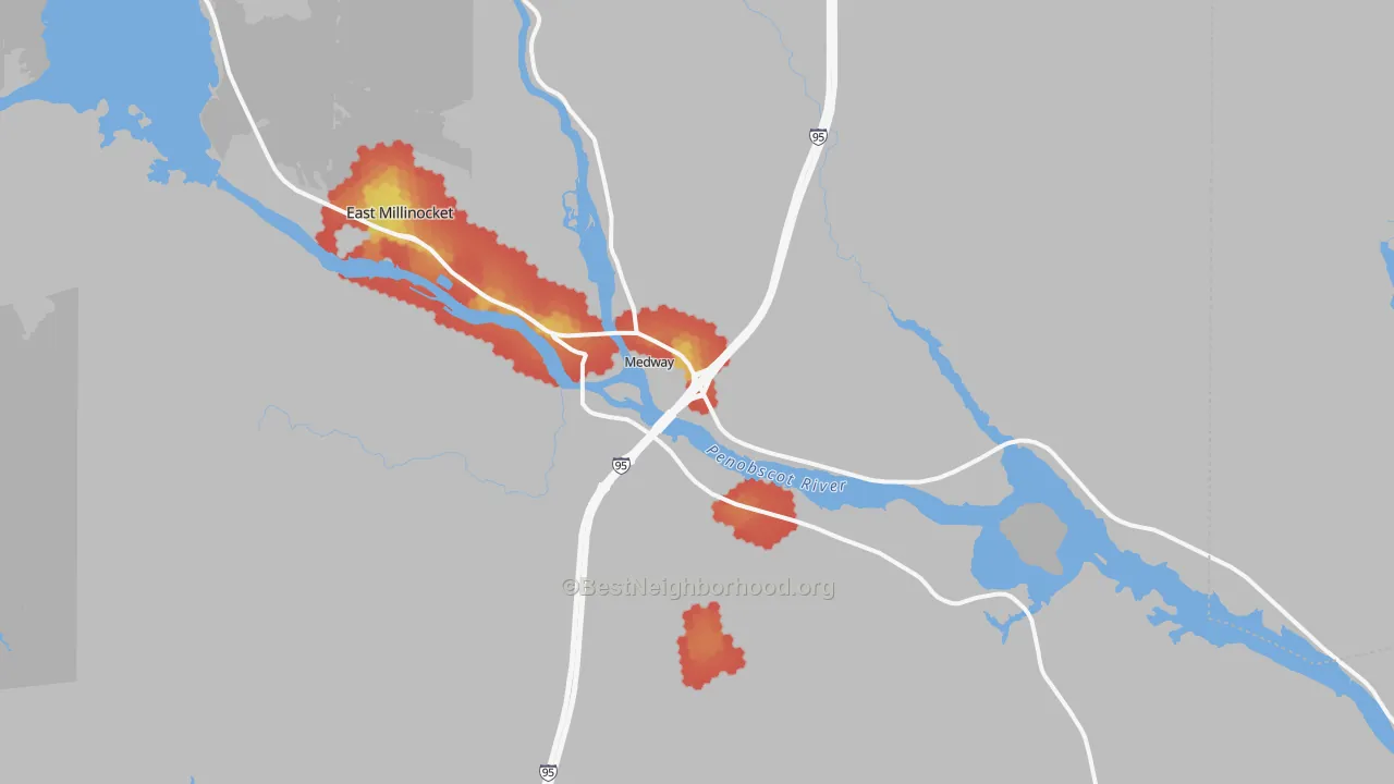 Walk Grade map of 04460, ME, walkable areas in green and car-dependent areas in red