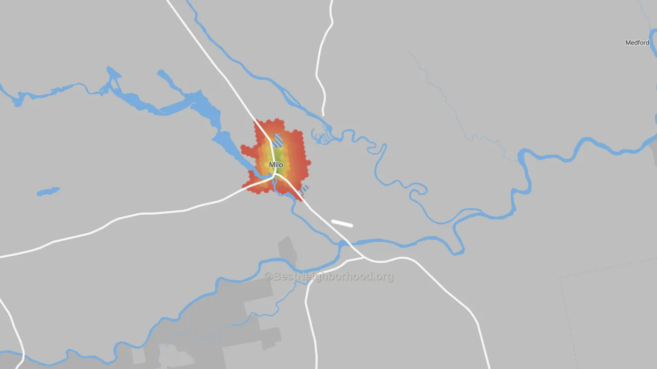 Walk Grade map of 04463, ME, walkable areas in green and car-dependent areas in red