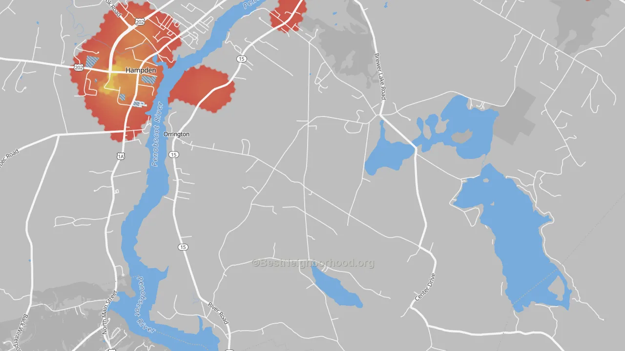 Walk Grade map of 04474, ME, walkable areas in green and car-dependent areas in red
