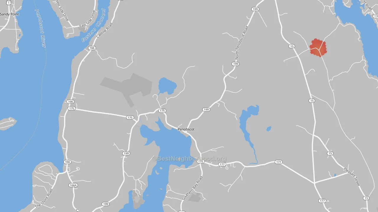 Walk Grade map of 04476, ME, walkable areas in green and car-dependent areas in red