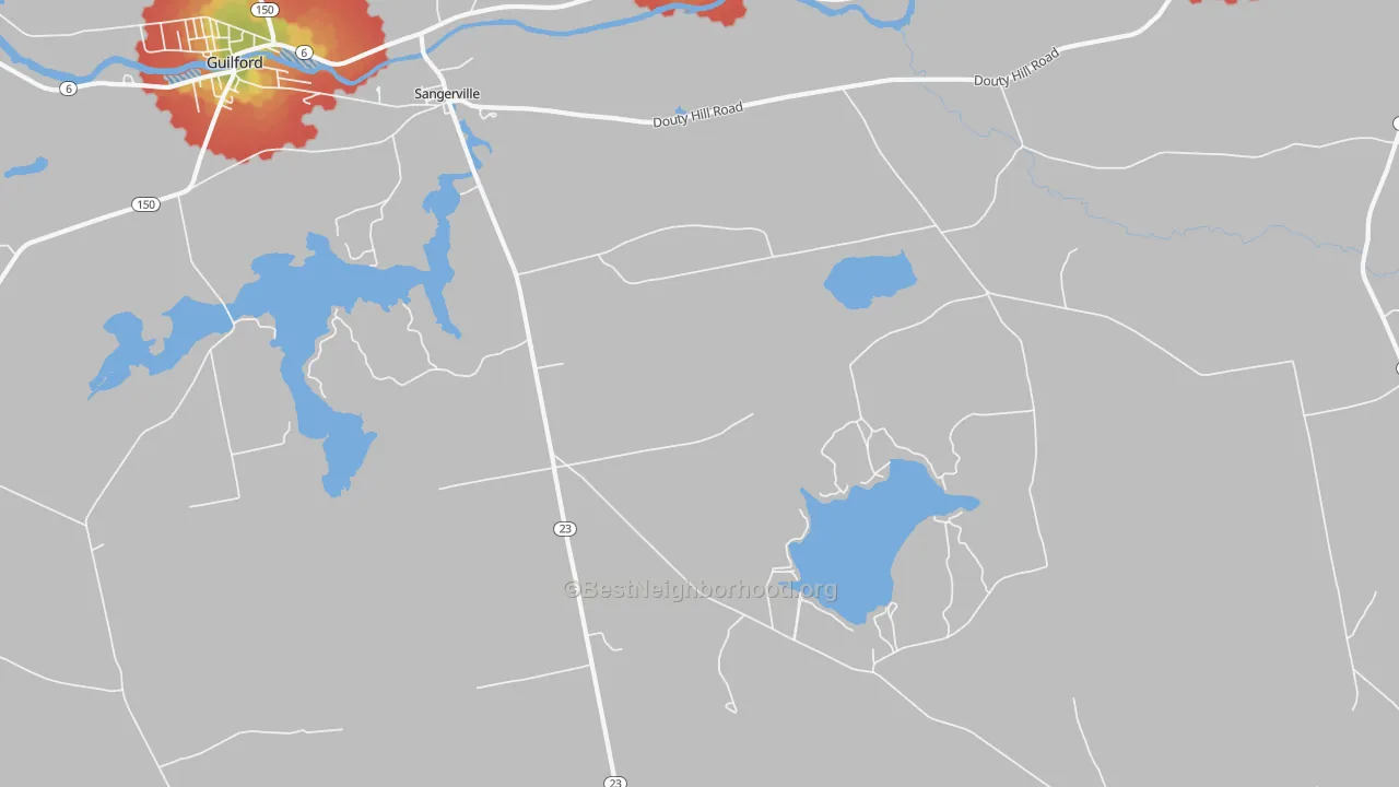 Walk Grade map of 04479, ME, walkable areas in green and car-dependent areas in red
