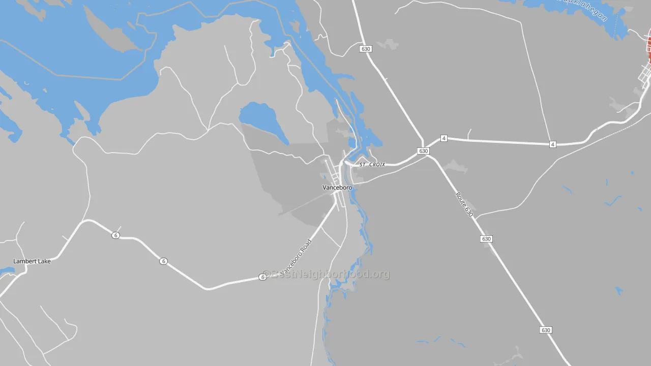 Walk Grade map of 04491, ME, walkable areas in green and car-dependent areas in red