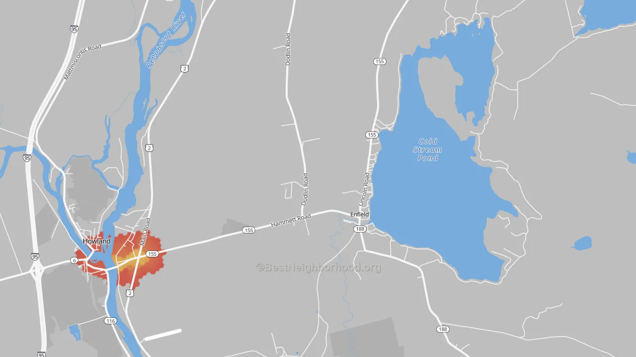 Walk Grade map of 04493, ME, walkable areas in green and car-dependent areas in red