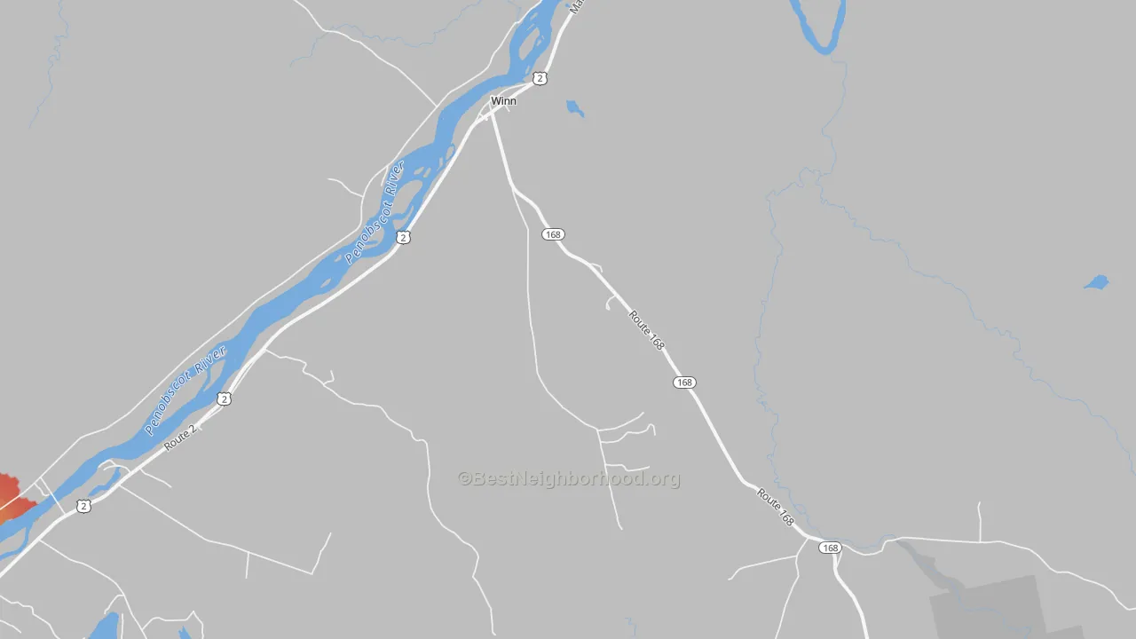 Walk Grade map of 04495, ME, walkable areas in green and car-dependent areas in red