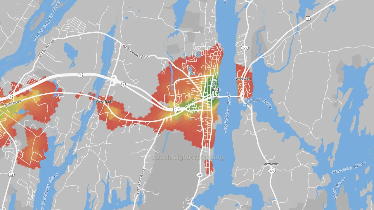 Walk Grade map of 04530, ME, walkable areas in green and car-dependent areas in red