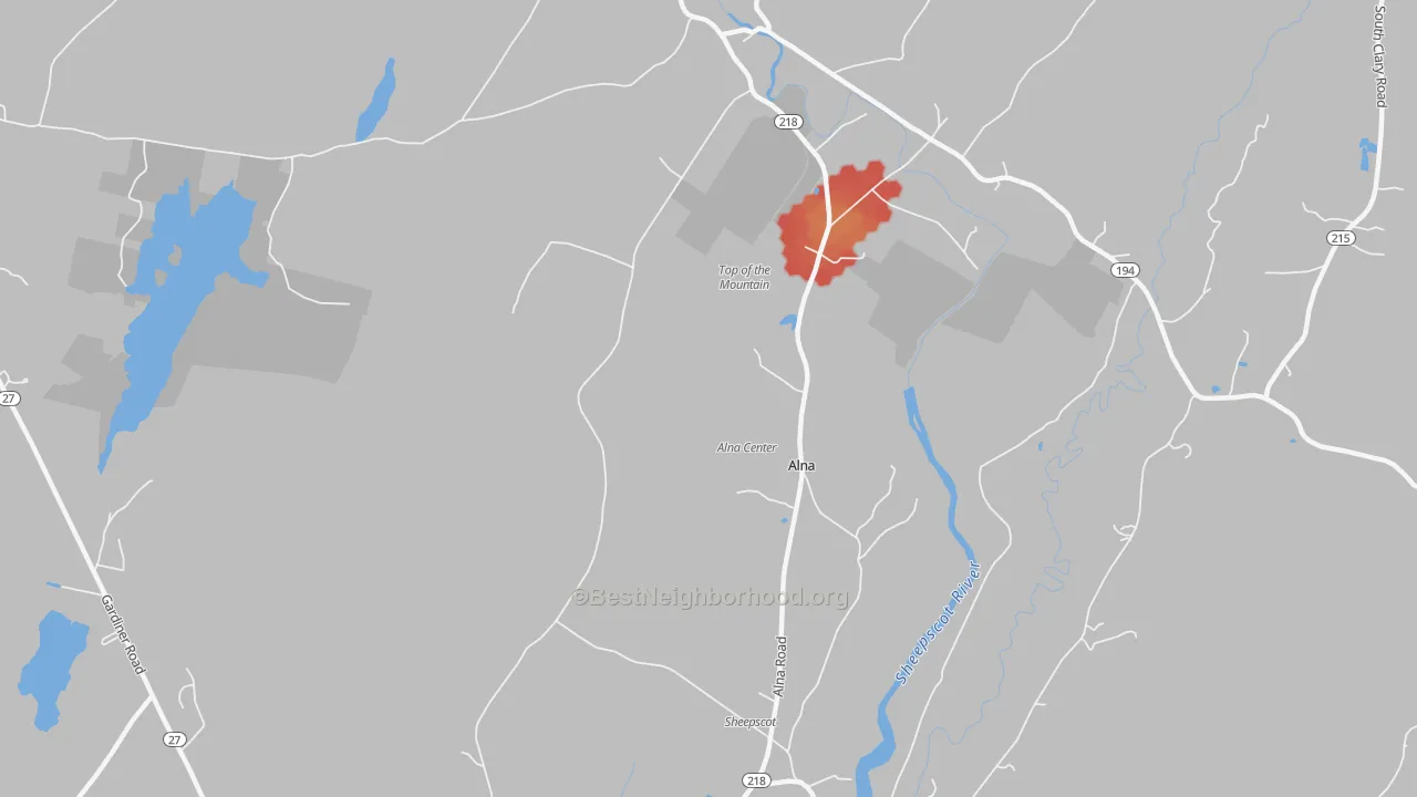 Walk Grade map of 04535, ME, walkable areas in green and car-dependent areas in red