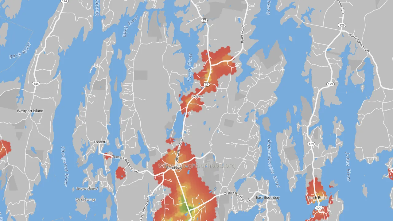 Walk Grade map of 04537, ME, walkable areas in green and car-dependent areas in red