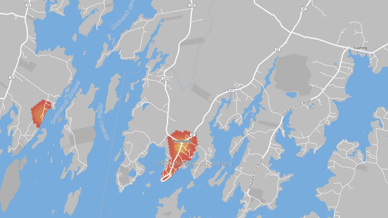 Walk Grade map of 04547, ME, walkable areas in green and car-dependent areas in red