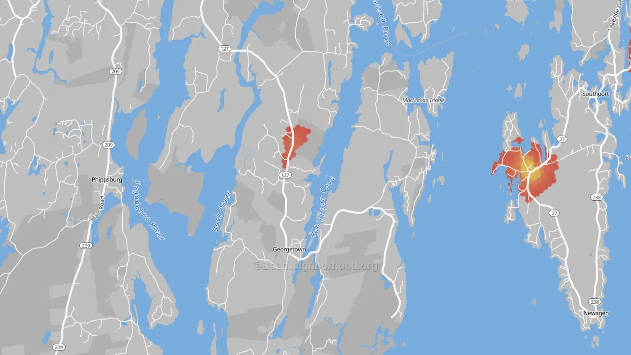 Walk Grade map of 04548, ME, walkable areas in green and car-dependent areas in red