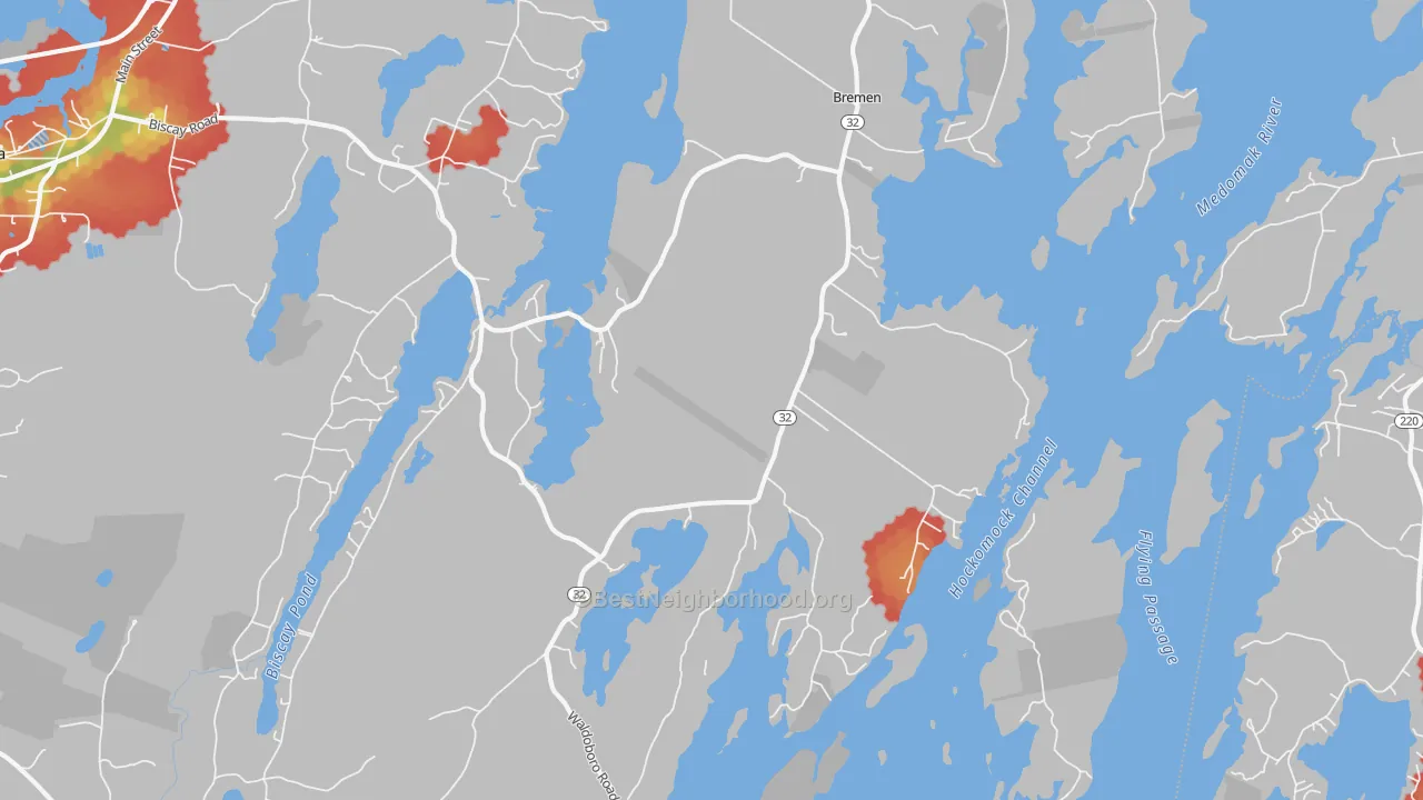 Walk Grade map of 04551, ME, walkable areas in green and car-dependent areas in red