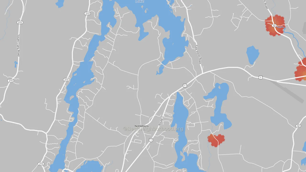Walk Grade map of 04555, ME, walkable areas in green and car-dependent areas in red
