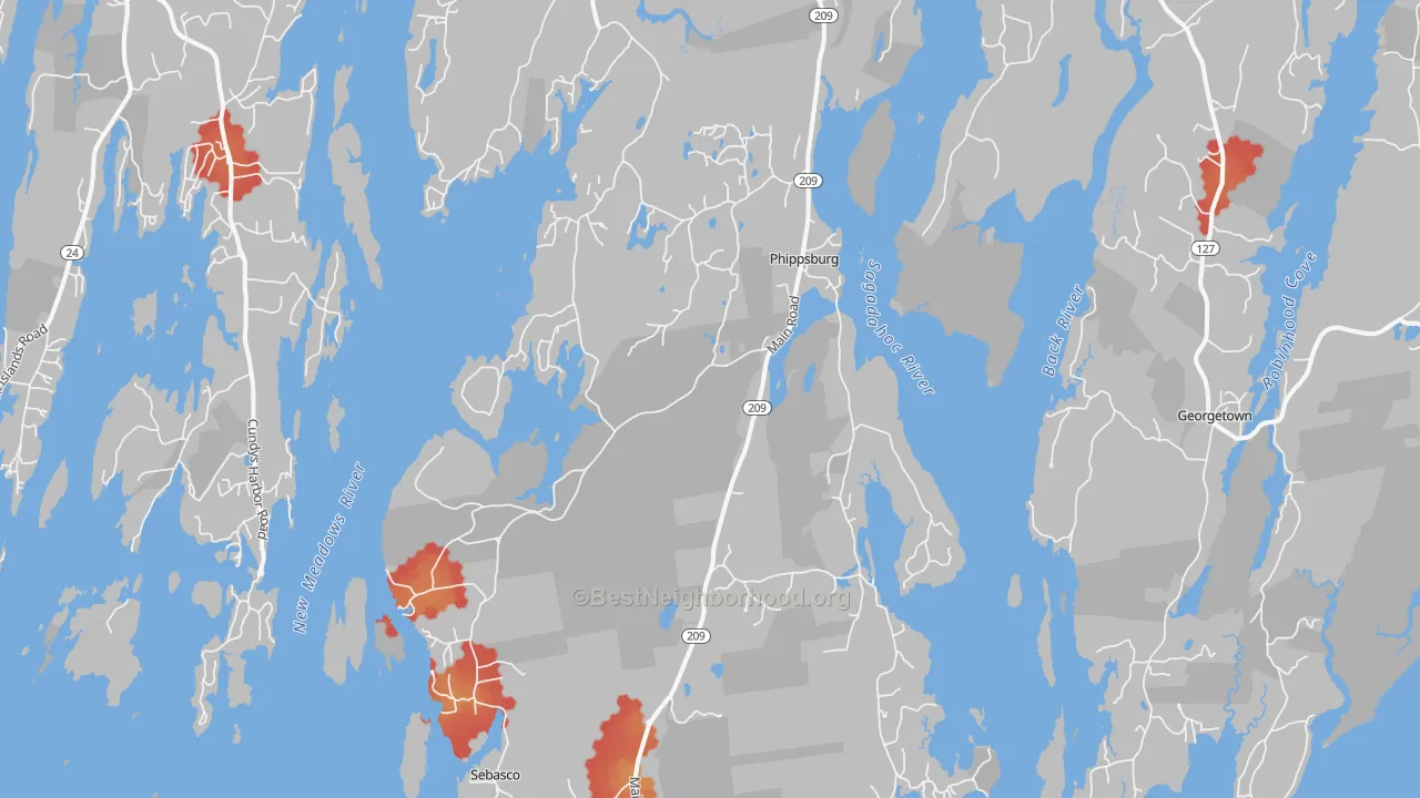 Walk Grade map of 04562, ME, walkable areas in green and car-dependent areas in red