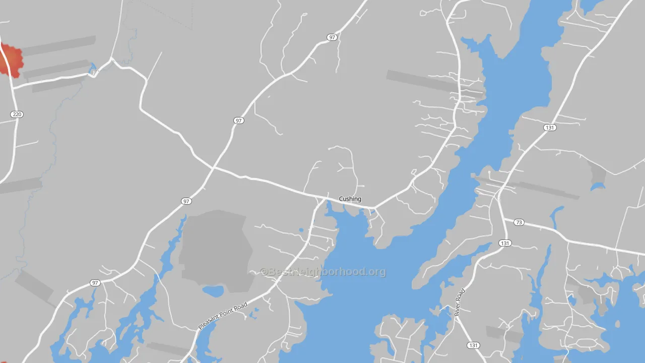 Walk Grade map of 04563, ME, walkable areas in green and car-dependent areas in red