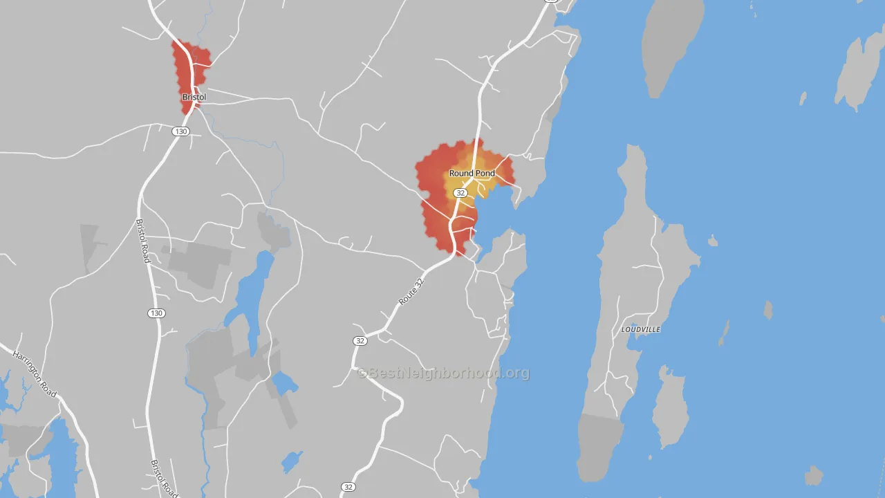 Walk Grade map of 04564, ME, walkable areas in green and car-dependent areas in red