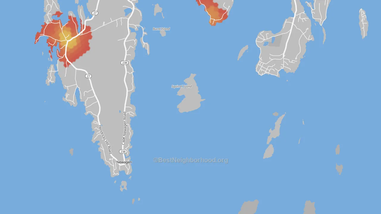 Walk Grade map of 04570, ME, walkable areas in green and car-dependent areas in red