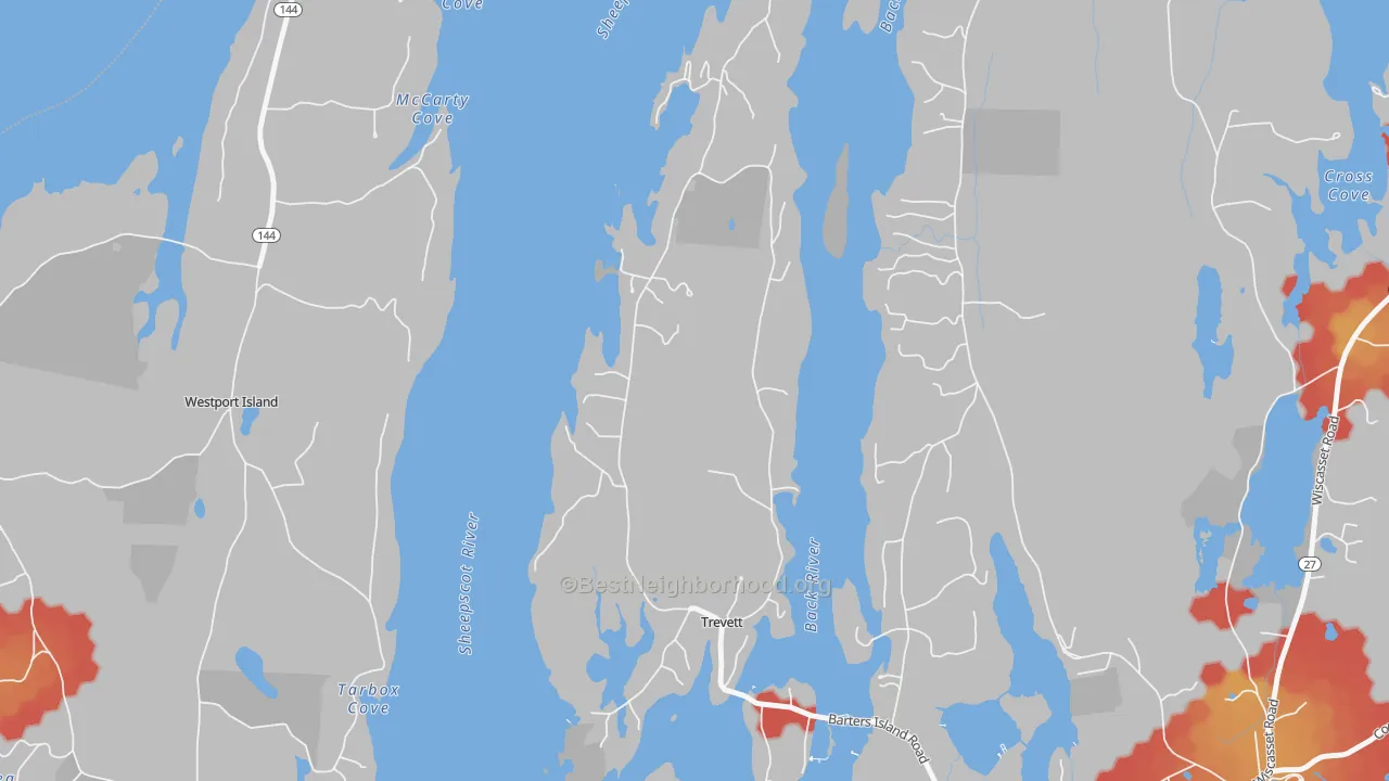 Walk Grade map of 04571, ME, walkable areas in green and car-dependent areas in red