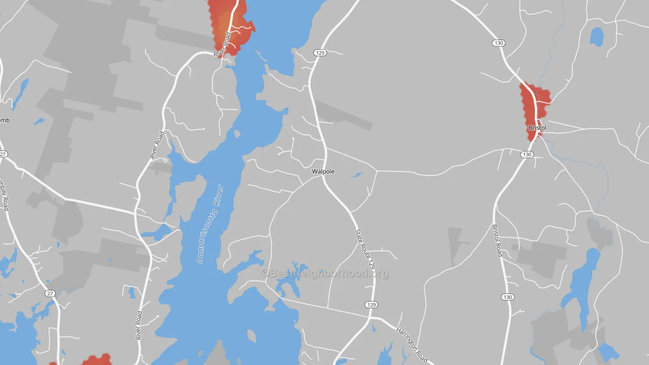 Walk Grade map of 04573, ME, walkable areas in green and car-dependent areas in red