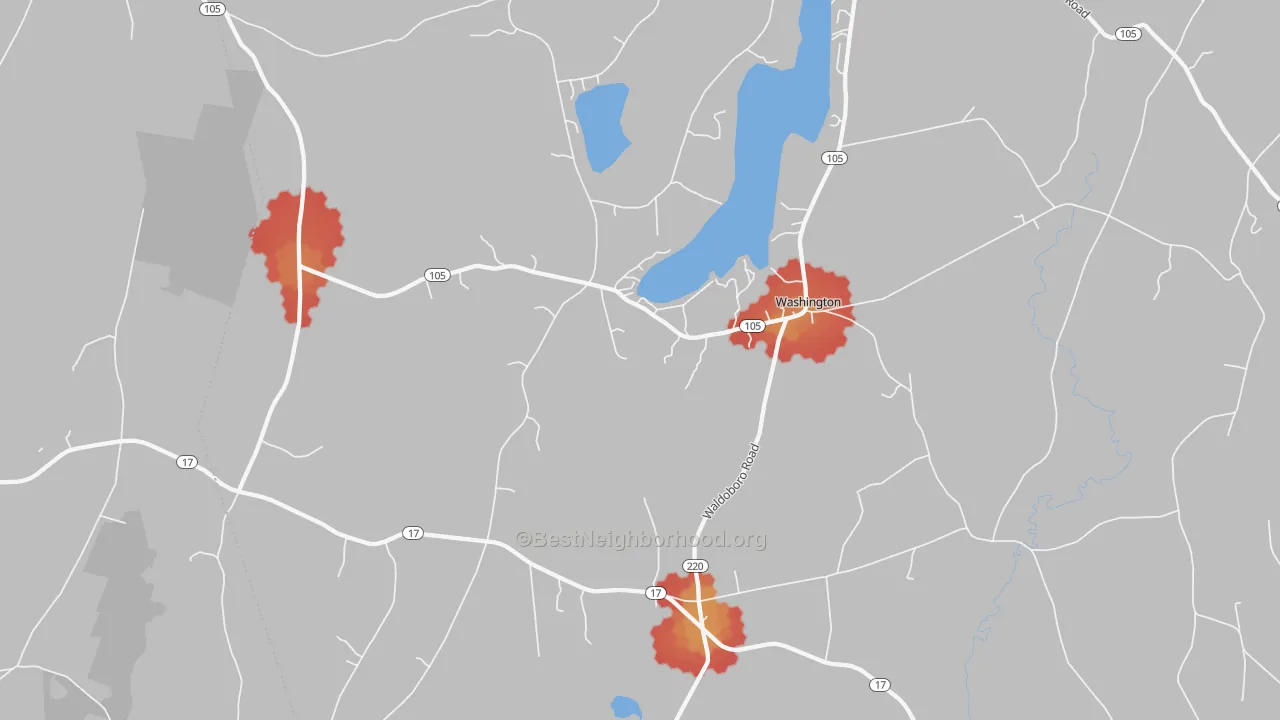 Walk Grade map of 04574, ME, walkable areas in green and car-dependent areas in red