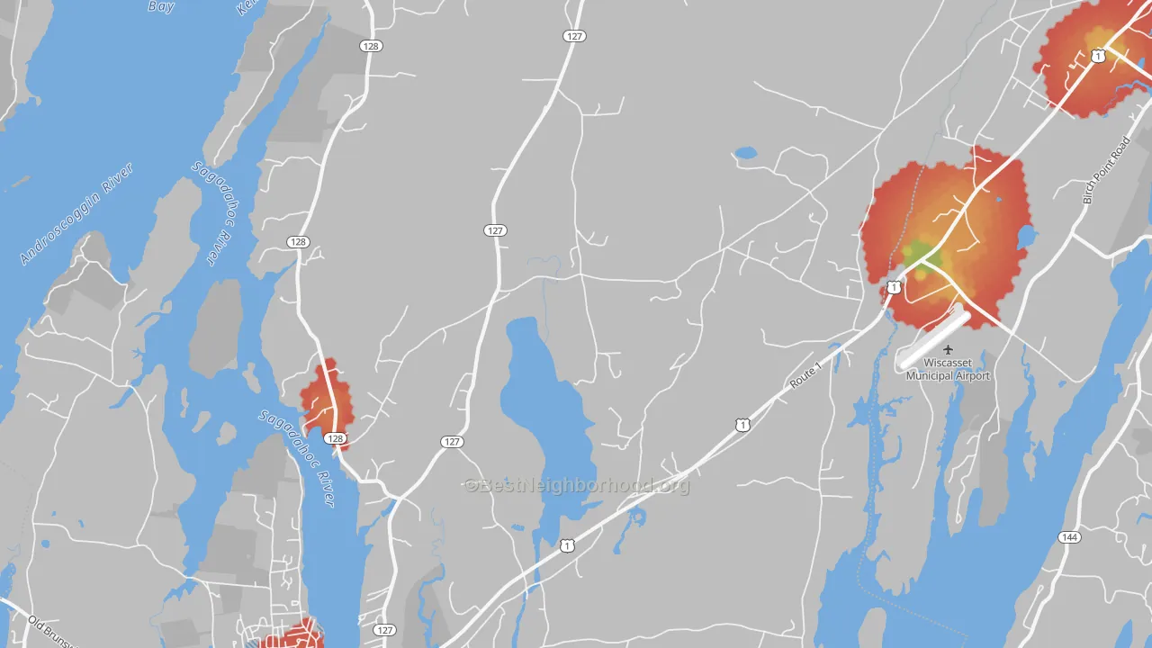 Walk Grade map of 04579, ME, walkable areas in green and car-dependent areas in red
