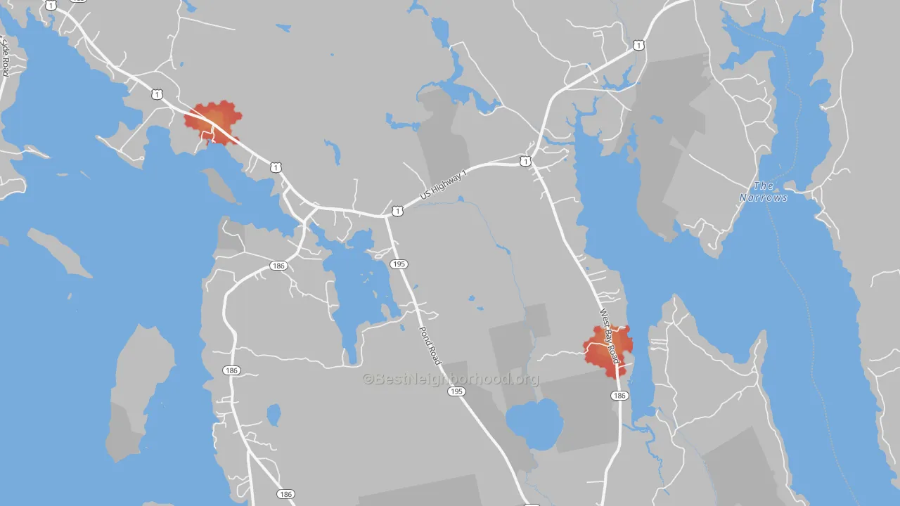 Walk Grade map of 04607, ME, walkable areas in green and car-dependent areas in red