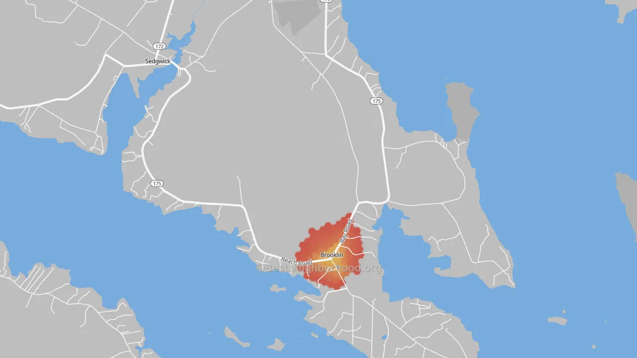 Walk Grade map of 04616, ME, walkable areas in green and car-dependent areas in red