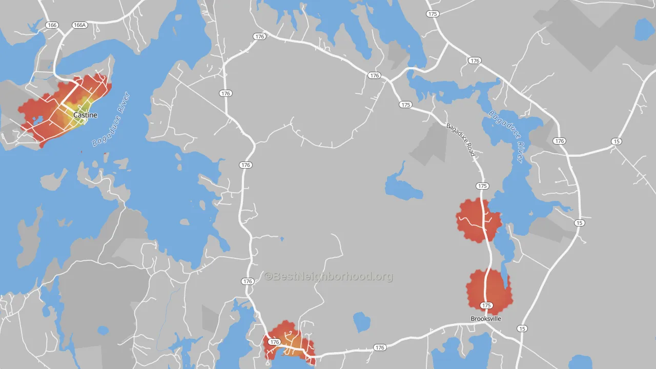 Walk Grade map of 04617, ME, walkable areas in green and car-dependent areas in red