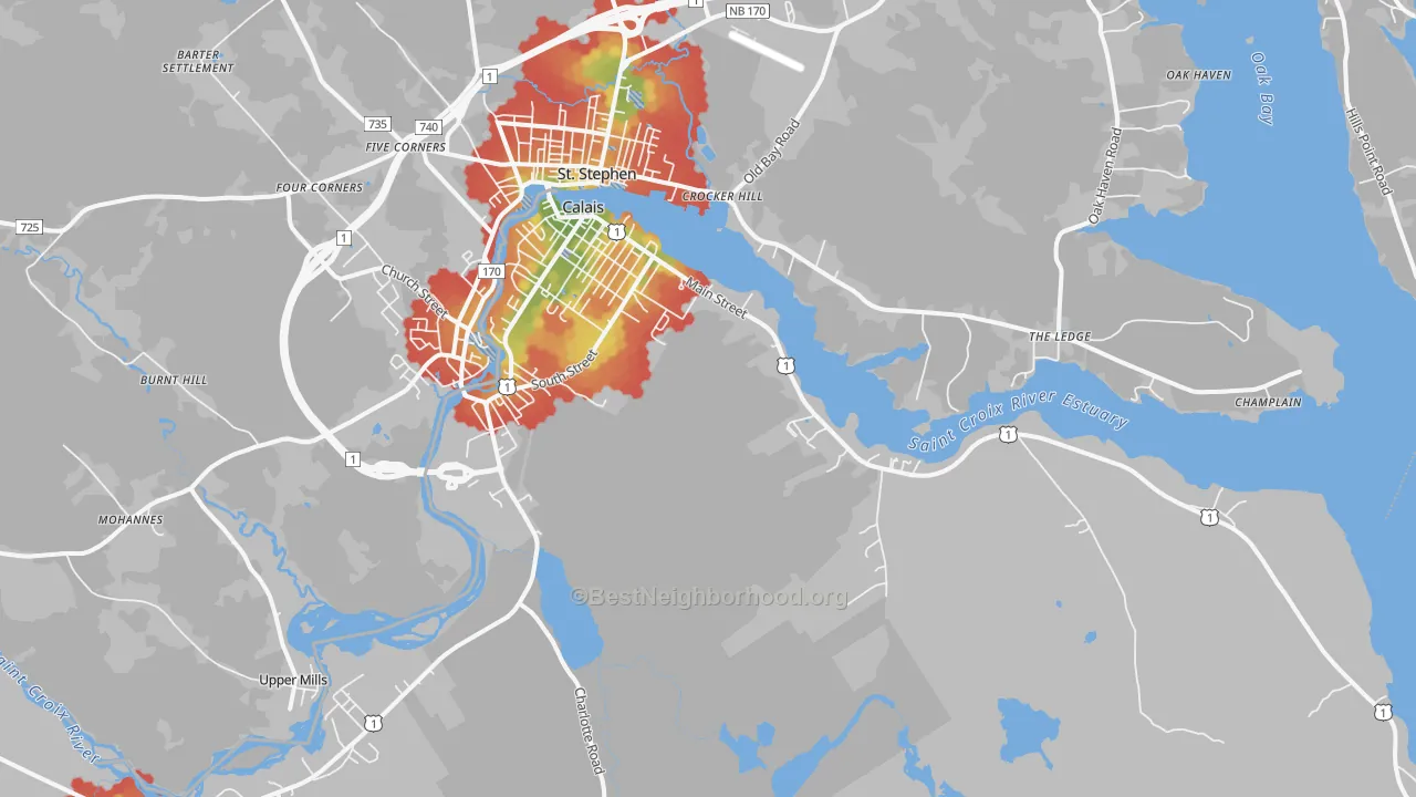 Walk Grade map of 04619, ME, walkable areas in green and car-dependent areas in red