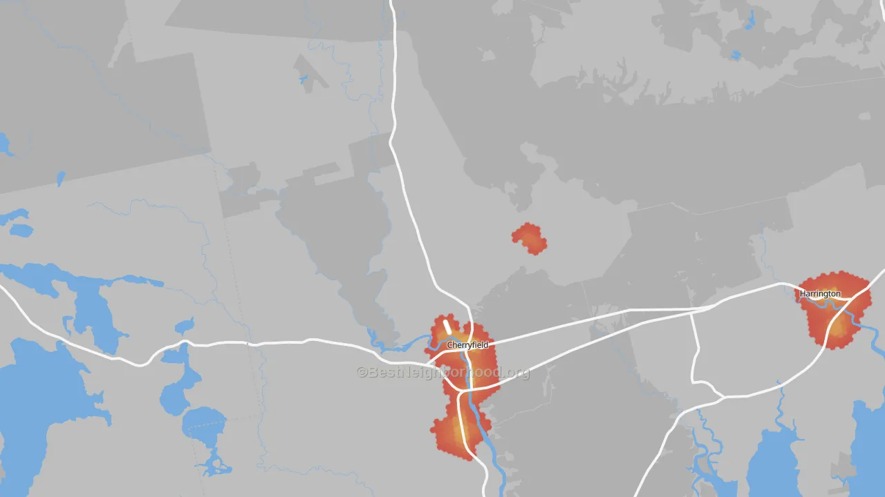 Walk Grade map of 04622, ME, walkable areas in green and car-dependent areas in red