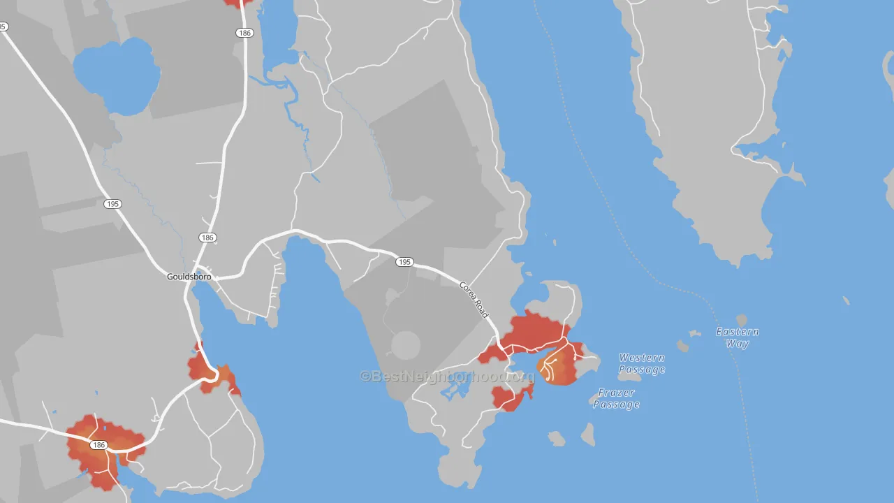 Walk Grade map of 04624, ME, walkable areas in green and car-dependent areas in red