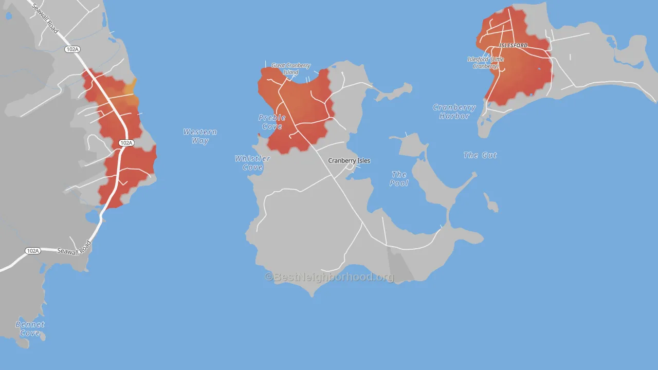 Walk Grade map of 04625, ME, walkable areas in green and car-dependent areas in red
