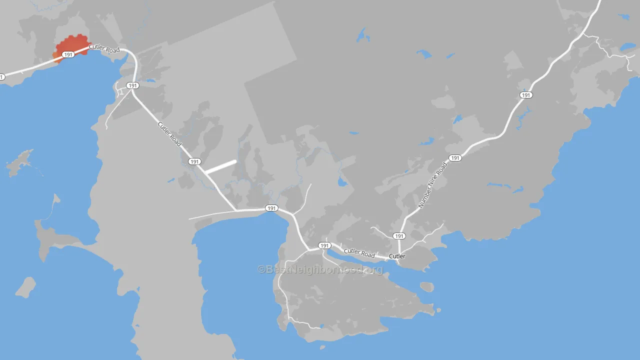 Walk Grade map of 04626, ME, walkable areas in green and car-dependent areas in red