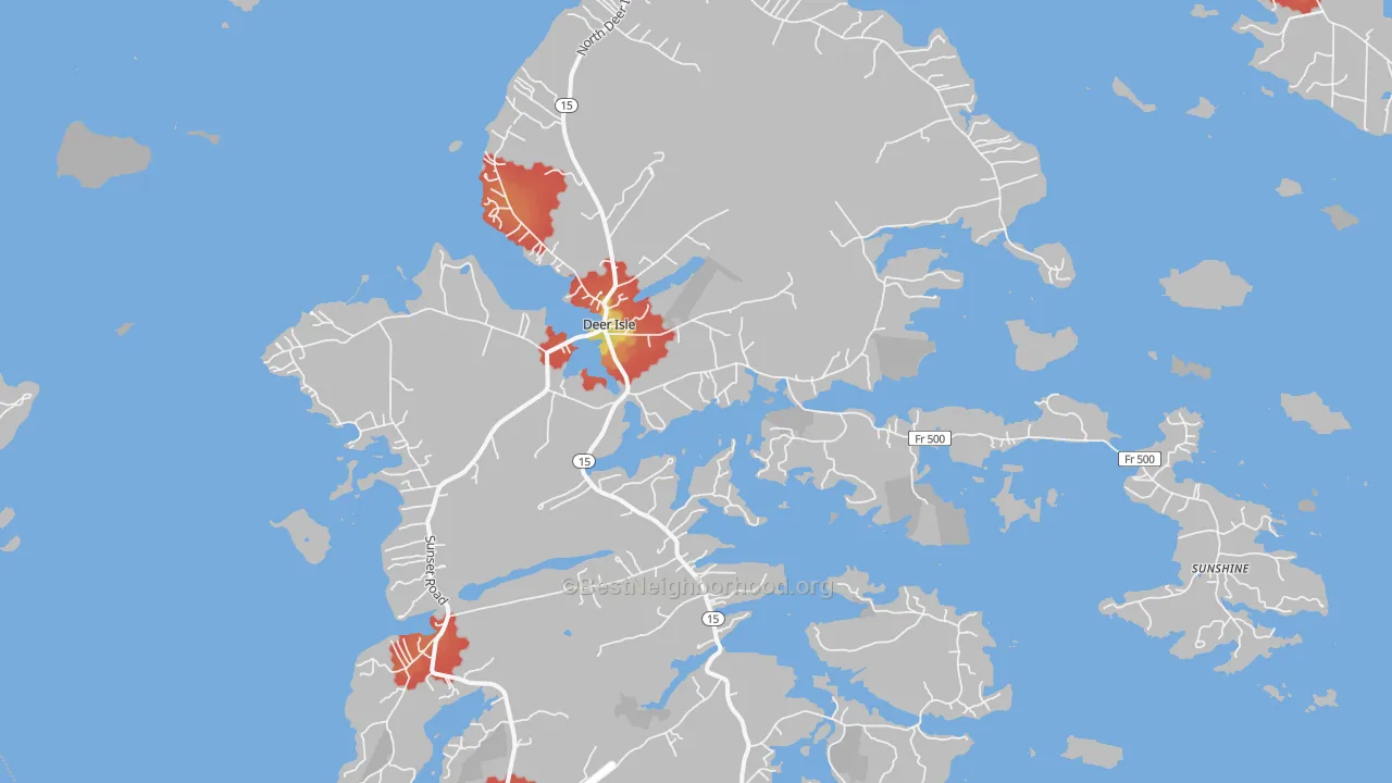 Walk Grade map of 04627, ME, walkable areas in green and car-dependent areas in red