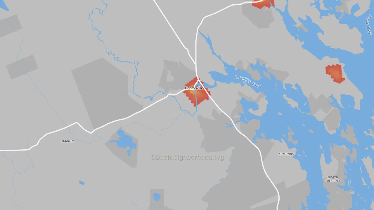 Walk Grade map of 04628, ME, walkable areas in green and car-dependent areas in red