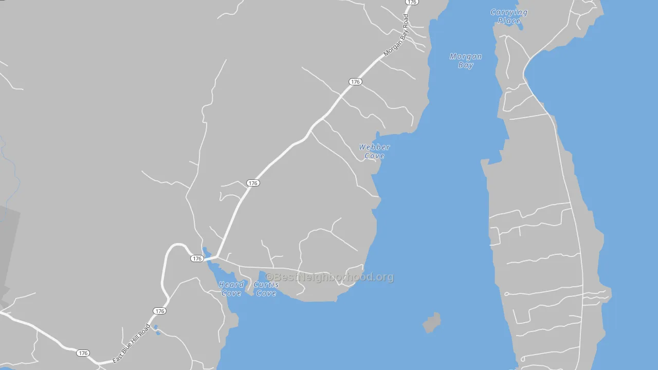 Walk Grade map of 04629, ME, walkable areas in green and car-dependent areas in red