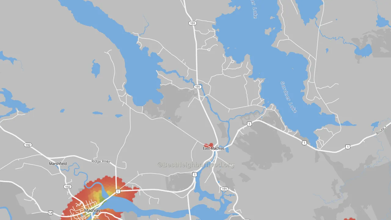 Walk Grade map of 04630, ME, walkable areas in green and car-dependent areas in red