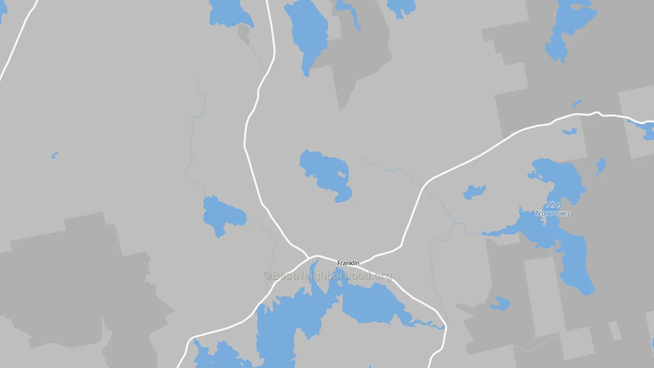 Walk Grade map of 04634, ME, walkable areas in green and car-dependent areas in red