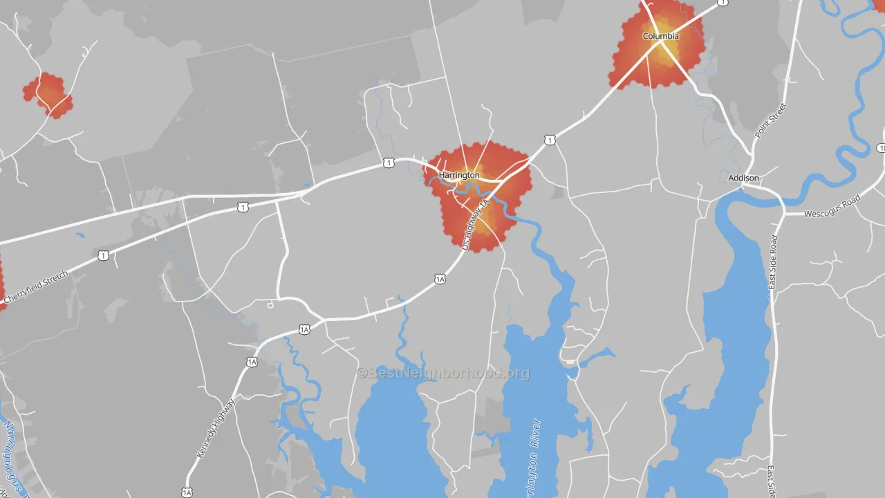 Walk Grade map of 04643, ME, walkable areas in green and car-dependent areas in red