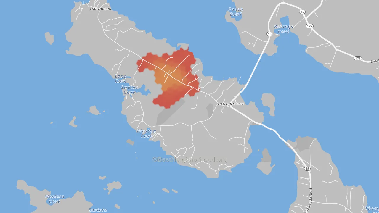 Walk Grade map of 04650, ME, walkable areas in green and car-dependent areas in red