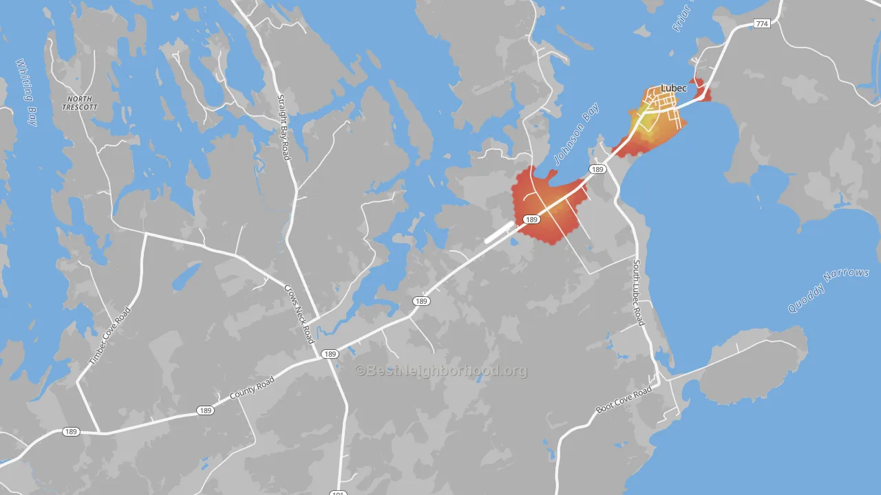 Walk Grade map of 04652, ME, walkable areas in green and car-dependent areas in red