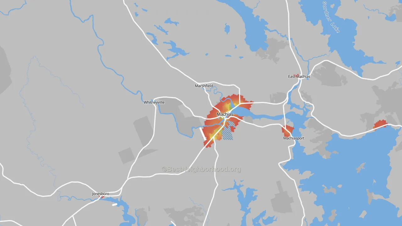 Walk Grade map of 04654, ME, walkable areas in green and car-dependent areas in red