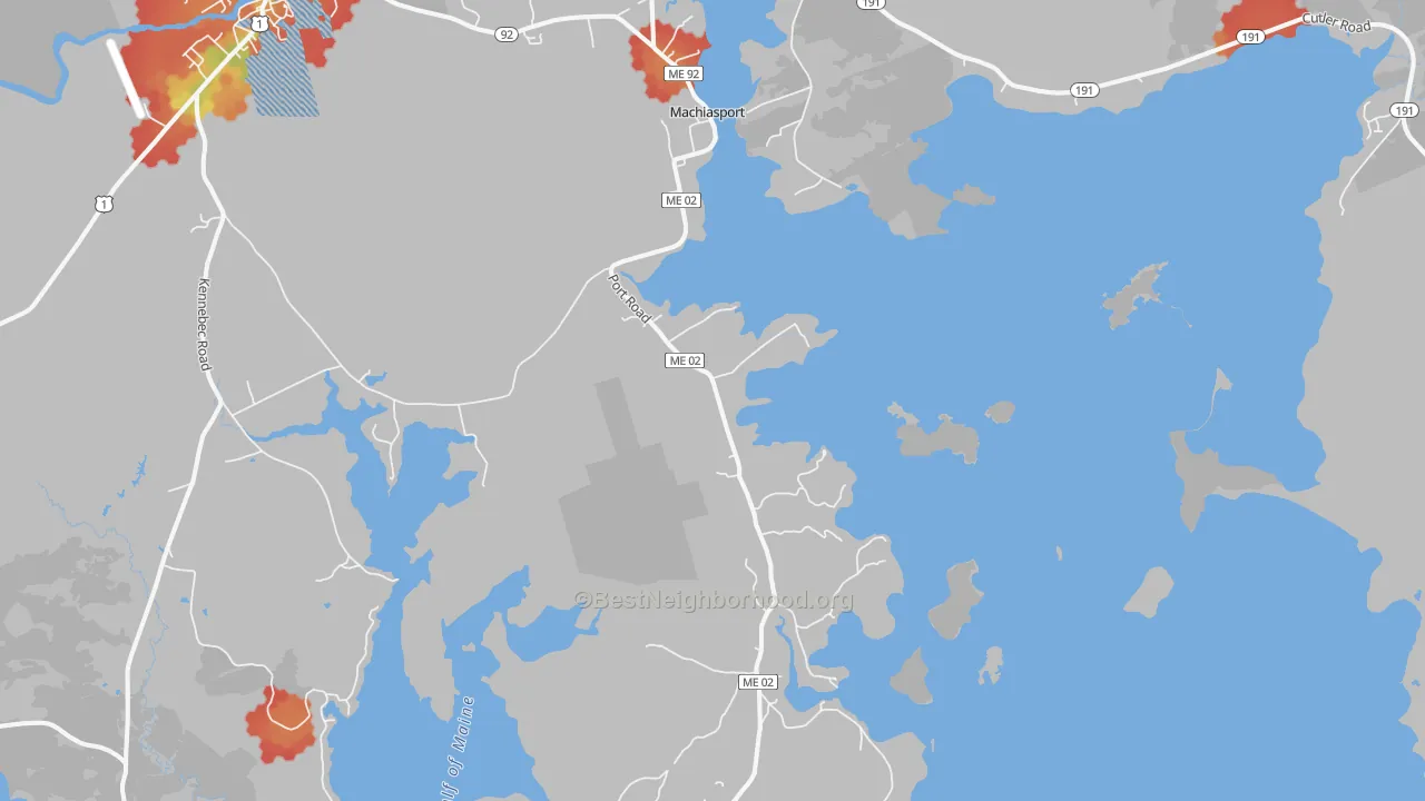 Walk Grade map of 04655, ME, walkable areas in green and car-dependent areas in red