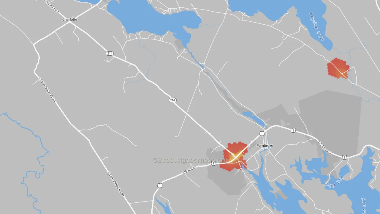 Walk Grade map of 04666, ME, walkable areas in green and car-dependent areas in red