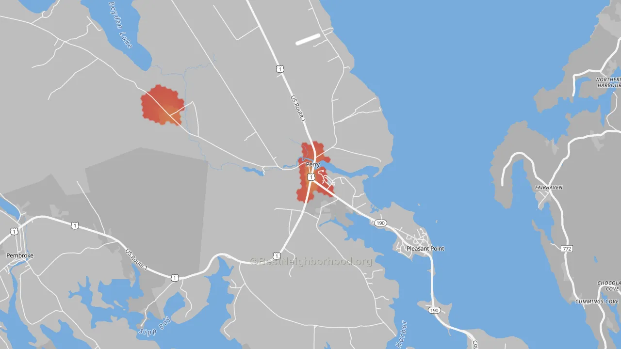 Walk Grade map of 04667, ME, walkable areas in green and car-dependent areas in red